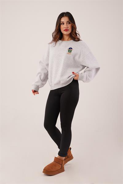 Ayıcık Nakışlı Bisiklet Yaka Gri Sweatshirt