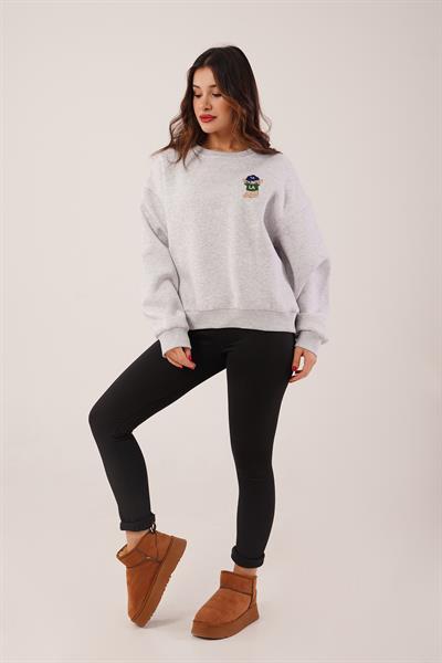 Ayıcık Nakışlı Bisiklet Yaka Gri Sweatshirt