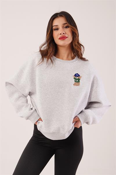 Ayıcık Nakışlı Bisiklet Yaka Gri Sweatshirt