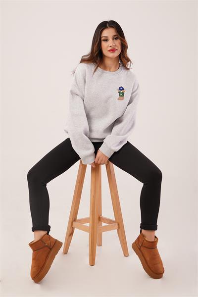 Ayıcık Nakışlı Bisiklet Yaka Gri Sweatshirt