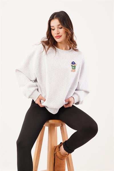 Ayıcık Nakışlı Bisiklet Yaka Gri Sweatshirt