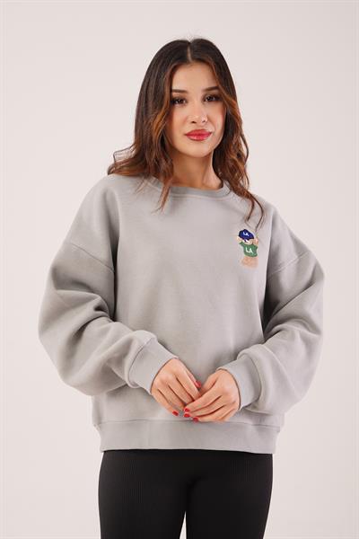 Ayıcık Nakışlı Bisiklet Yaka Koyu Gri Sweatshirt