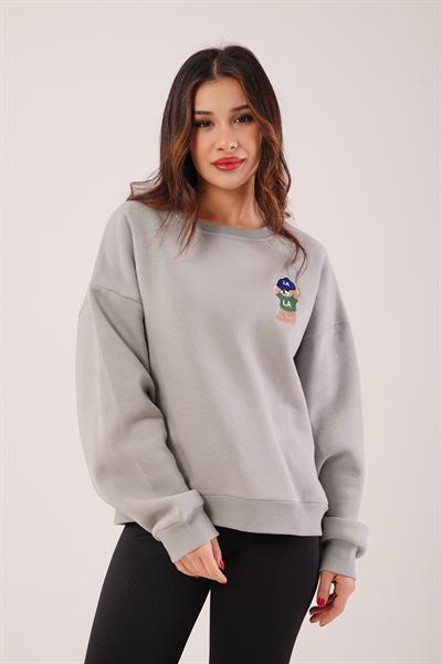 Ayıcık Nakışlı Bisiklet Yaka Koyu Gri Sweatshirt