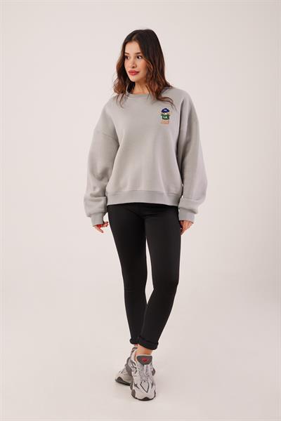 Ayıcık Nakışlı Bisiklet Yaka Koyu Gri Sweatshirt