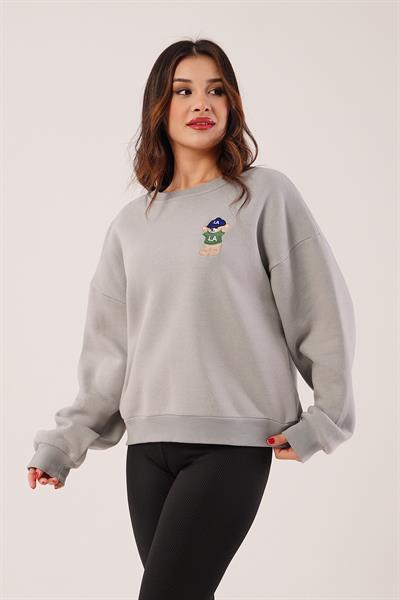 Ayıcık Nakışlı Bisiklet Yaka Koyu Gri Sweatshirt