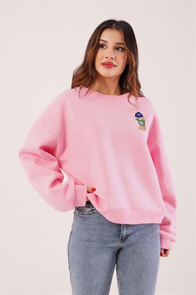 Ayıcık Nakışlı Bisiklet Yaka Pembe Sweatshirt