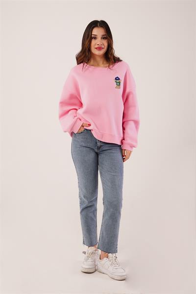 Ayıcık Nakışlı Bisiklet Yaka Pembe Sweatshirt