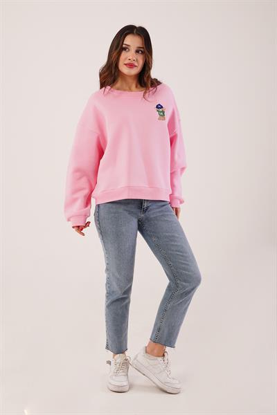 Ayıcık Nakışlı Bisiklet Yaka Pembe Sweatshirt