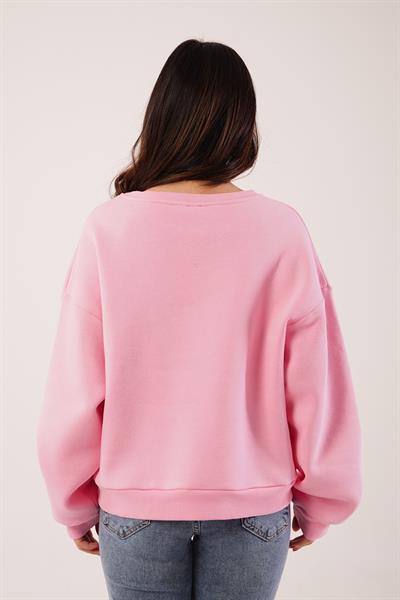 Ayıcık Nakışlı Bisiklet Yaka Pembe Sweatshirt