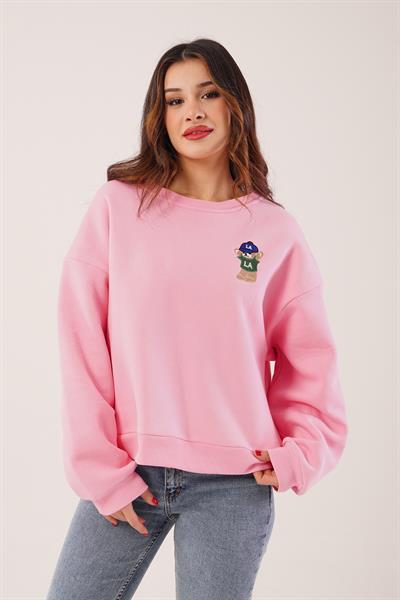 Ayıcık Nakışlı Bisiklet Yaka Pembe Sweatshirt