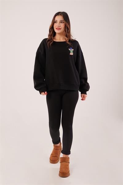 Ayıcık Nakışlı Bisiklet Yaka Siyah Sweatshirt