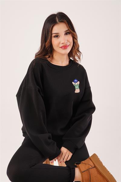 Ayıcık Nakışlı Bisiklet Yaka Siyah Sweatshirt