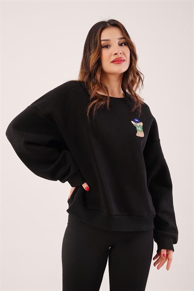 Ayıcık Nakışlı Bisiklet Yaka Siyah Sweatshirt