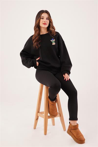 Ayıcık Nakışlı Bisiklet Yaka Siyah Sweatshirt