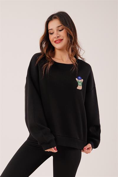 Ayıcık Nakışlı Bisiklet Yaka Siyah Sweatshirt