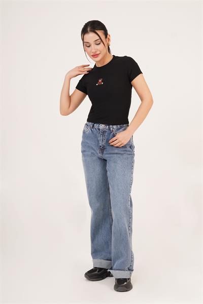 Ayıcık Nakışlı Siyah Fitilli Basic Tişört	