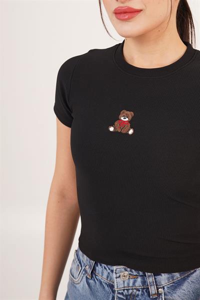 Ayıcık Nakışlı Siyah Fitilli Basic Tişört	