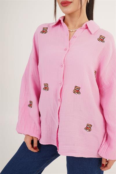 Ayıcık Nakışlı Pembe Salaş Gömlek