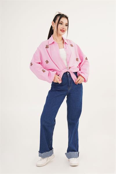 Ayıcık Nakışlı Pembe Salaş Gömlek