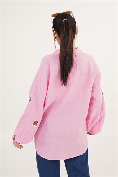 Ayıcık Nakışlı Pembe Salaş Gömlek
