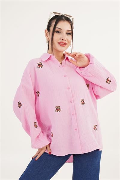 Ayıcık Nakışlı Pembe Salaş Gömlek