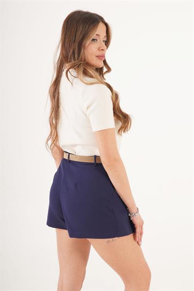 Pileli Kemer Detay Şortlu Dokuma Lacivert Mini Etek