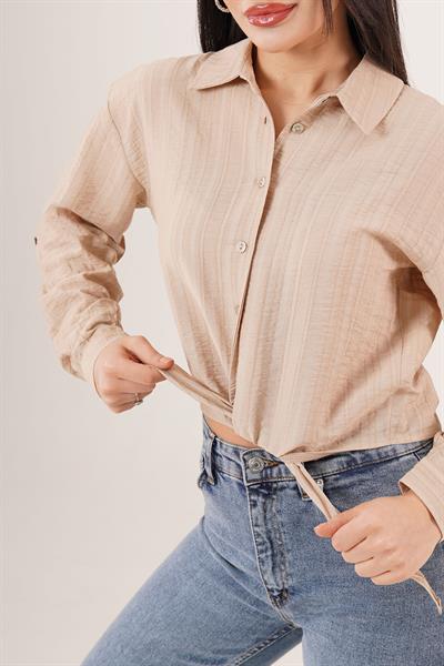 Bağlama Detaylı Çizgili Camel Crop Gömlek