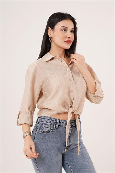 Bağlama Detaylı Çizgili Camel Crop Gömlek
