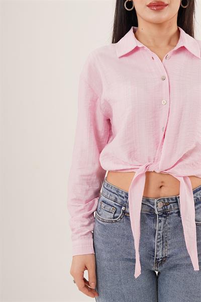 Bağlama Detaylı Çizgili Pembe Crop Gömlek
