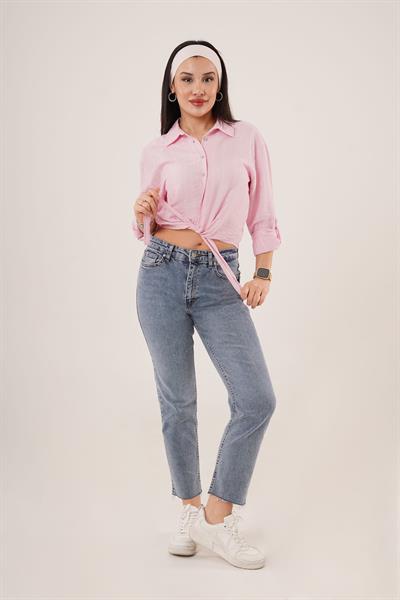 Bağlama Detaylı Çizgili Pembe Crop Gömlek