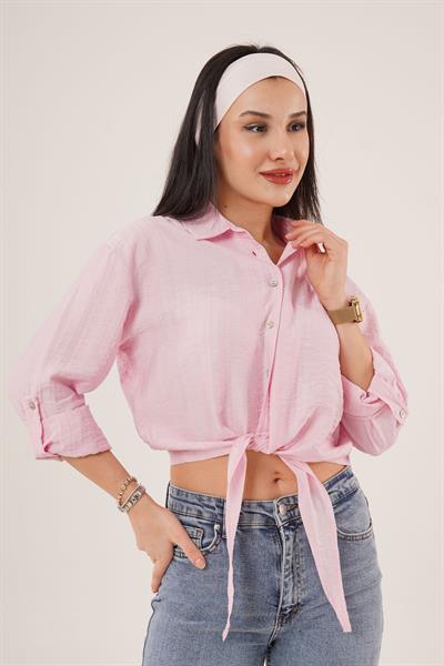 Bağlama Detaylı Çizgili Pembe Crop Gömlek
