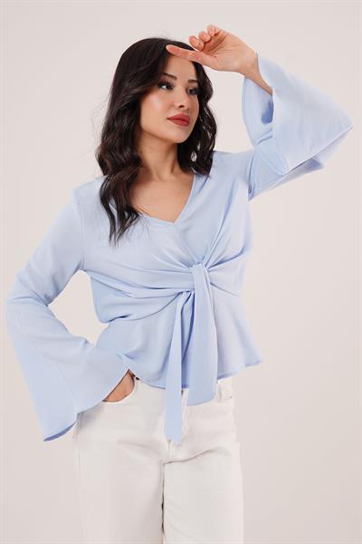 Bağlamalı V Yaka Volanlı Bebe Mavisi Bluz