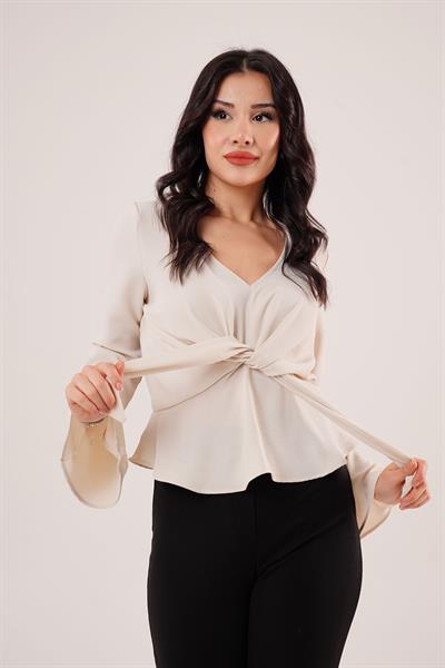 Bağlamalı V Yaka Volanlı Bej Bluz