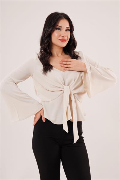 Bağlamalı V Yaka Volanlı Bej Bluz