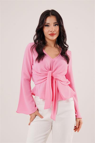 Bağlamalı V Yaka Volanlı Pembe Bluz