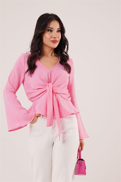 Bağlamalı V Yaka Volanlı Pembe Bluz