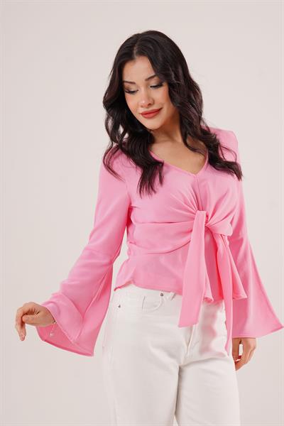 Bağlamalı V Yaka Volanlı Pembe Bluz