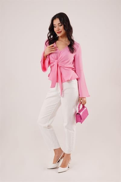 Bağlamalı V Yaka Volanlı Pembe Bluz