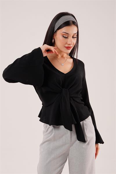 Bağlamalı V Yaka Volanlı Siyah Bluz