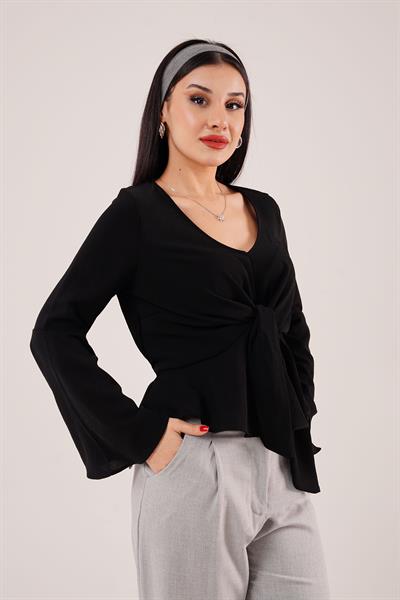 Bağlamalı V Yaka Volanlı Siyah Bluz