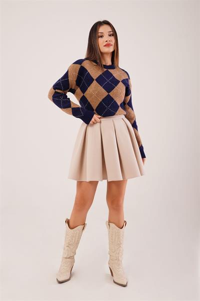 Baklava Desen Renk Geçişli Camel Triko Kazak