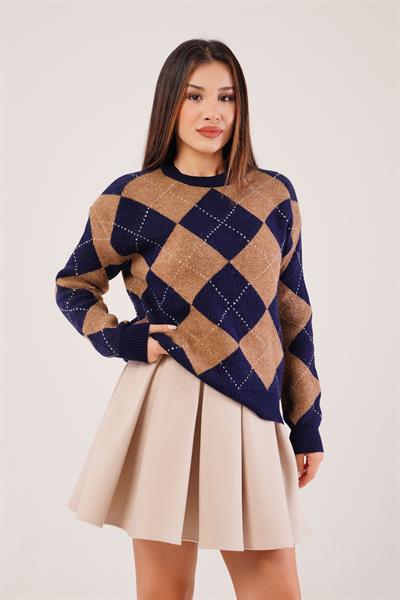 Baklava Desen Renk Geçişli Camel Triko Kazak