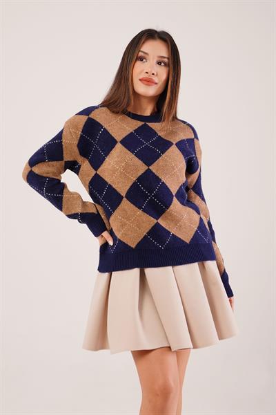 Baklava Desen Renk Geçişli Camel Triko Kazak