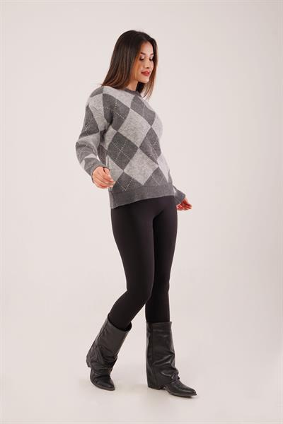 Baklava Desen Renk Geçişli Gri Triko Kazak