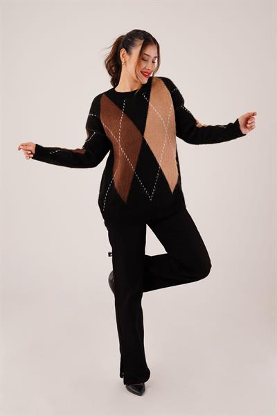 Baklava Desenli Bisiklet Yaka Camel Triko Kazak