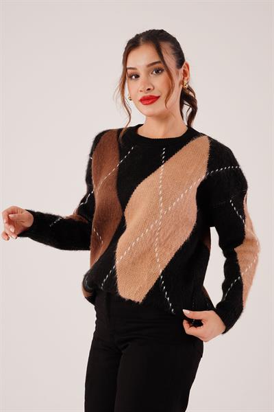 Baklava Desenli Bisiklet Yaka Camel Triko Kazak