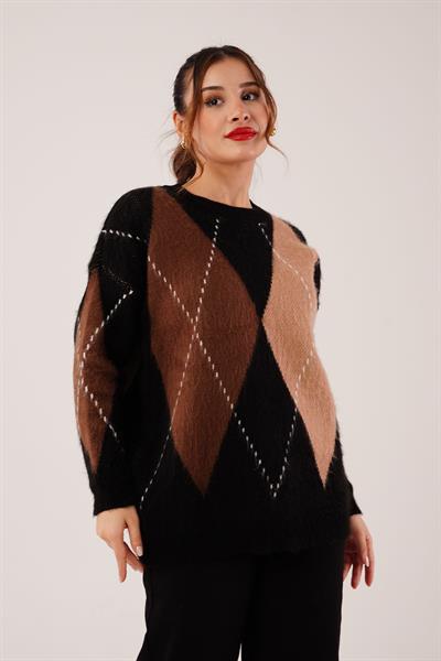 Baklava Desenli Bisiklet Yaka Camel Triko Kazak