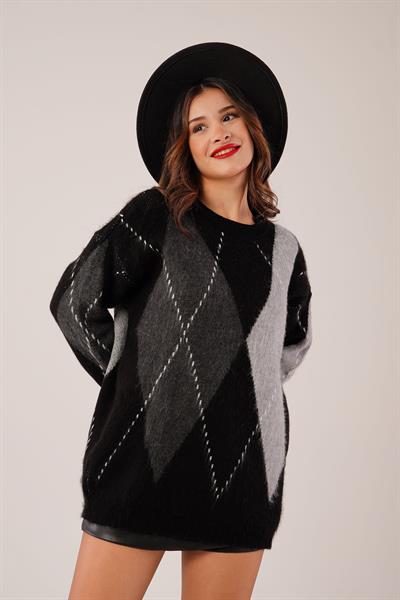 Baklava Desenli Bisiklet Yaka Gri Triko Kazak