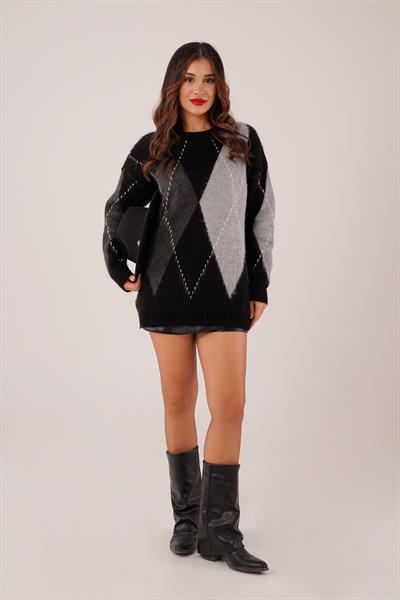 Baklava Desenli Bisiklet Yaka Gri Triko Kazak