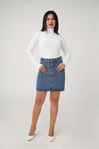 Balıkçı Yaka Fitilli Esnek Beyaz Triko Kazak